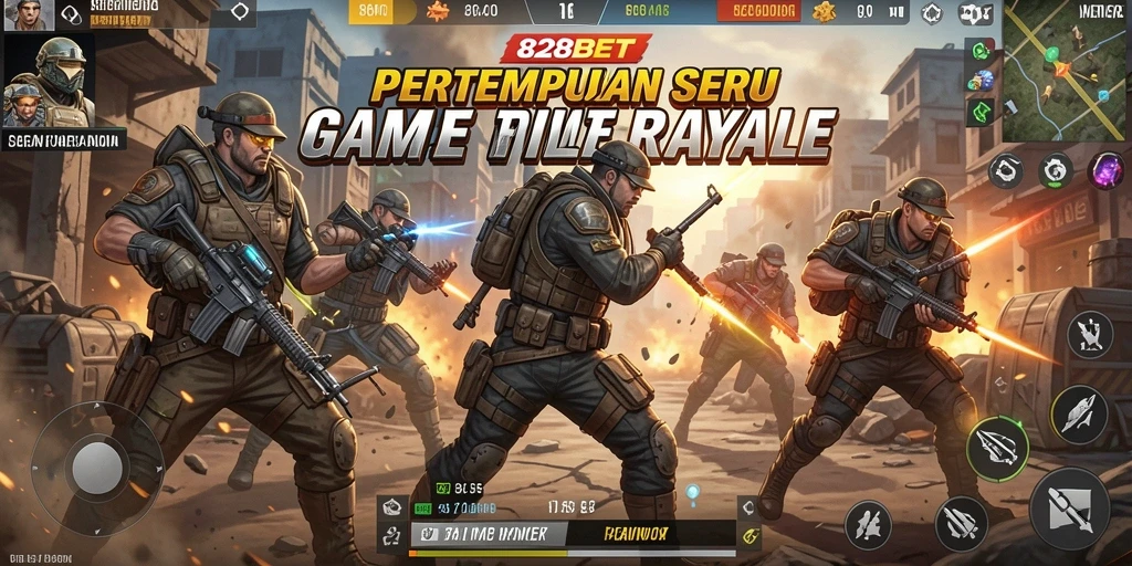 Screenshot gameplay utama 828BET menampilkan aksi pertempuran Battle Royale yang mendebarkan.