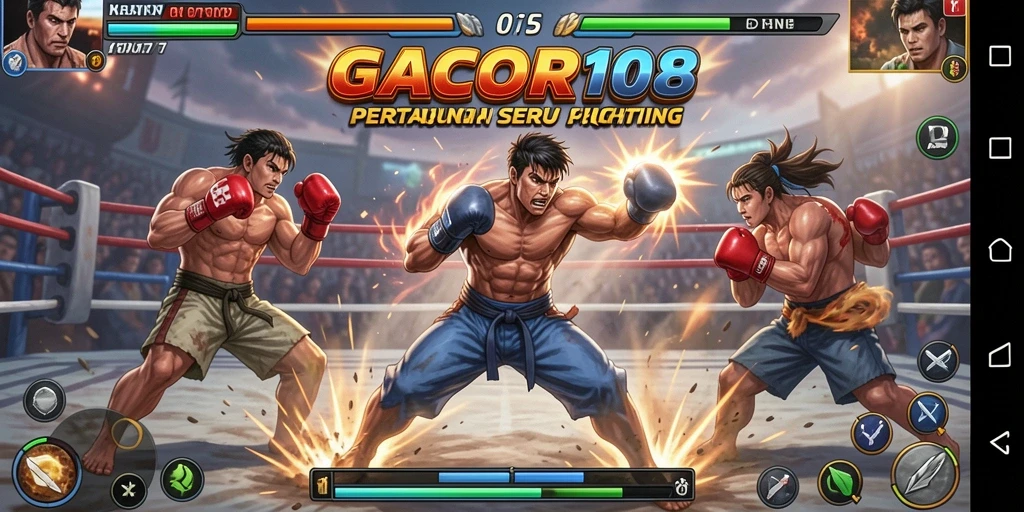 Screenshot gameplay GACOR108 menampilkan pertarungan seru antara karakter-karakter unik.