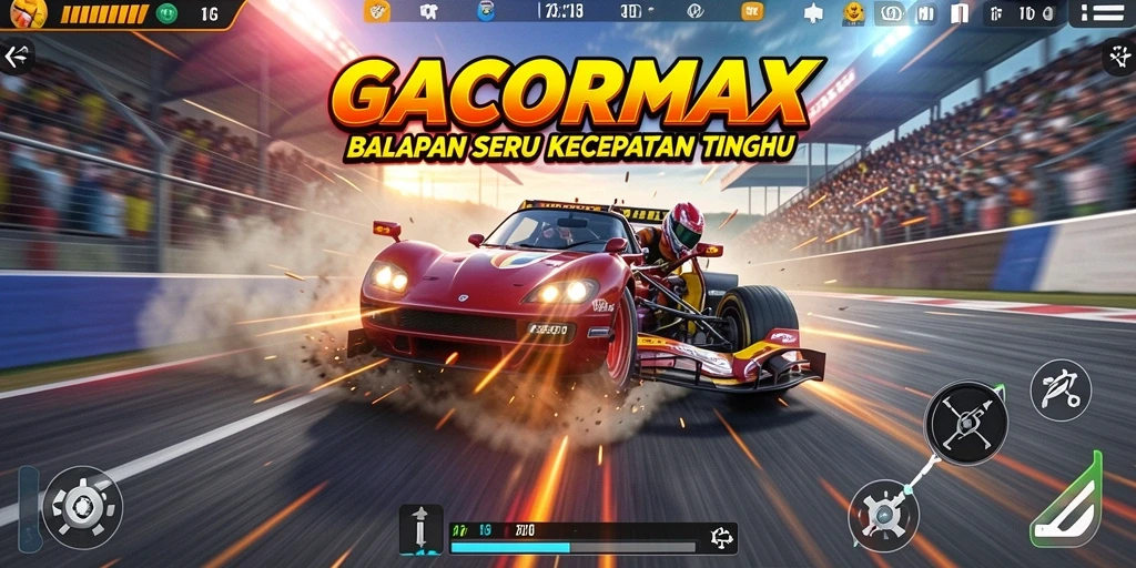 Screenshot gameplay GACORMAX menampilkan mobil balap di trek yang menegangkan.