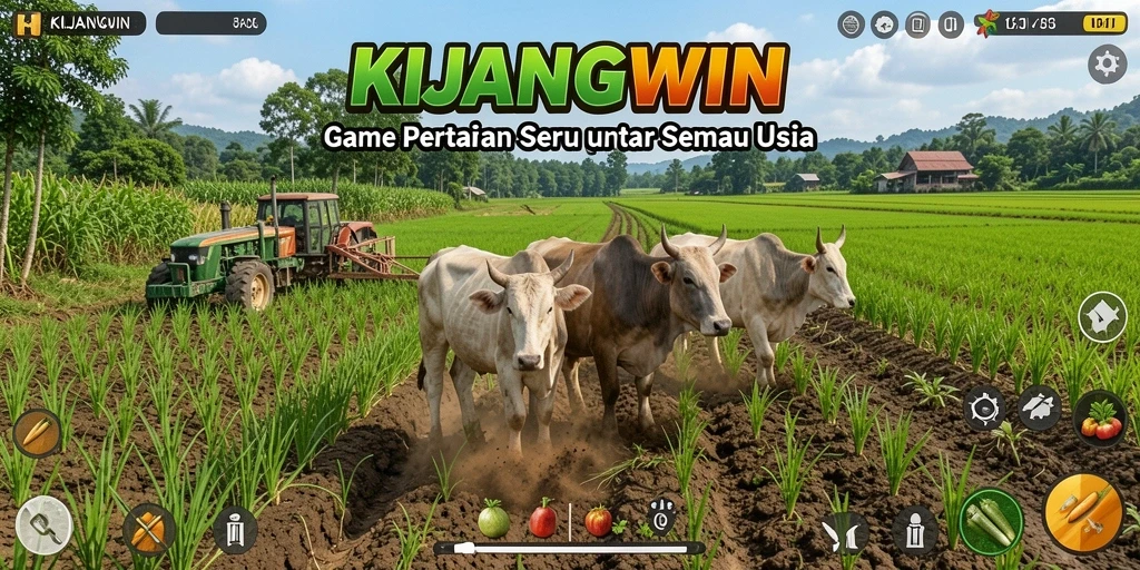 Tampilan gameplay KIJANGWIN saat bertani dan merawat hewan.