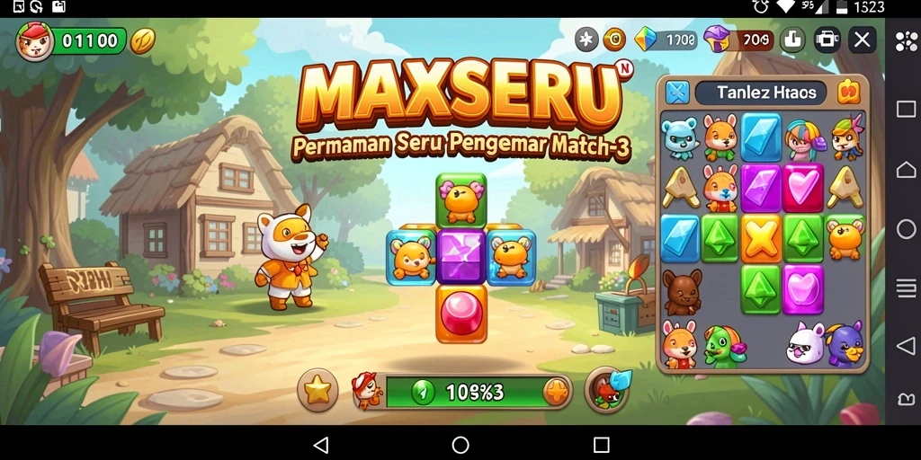 Tampilan gameplay seru MAXSERU dalam kategori Match-3 dengan elemen berwarna-warni.