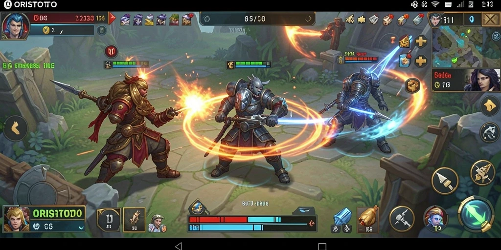 Tangkapan layar gameplay ORISTOTO yang menunjukkan pertempuran strategi.