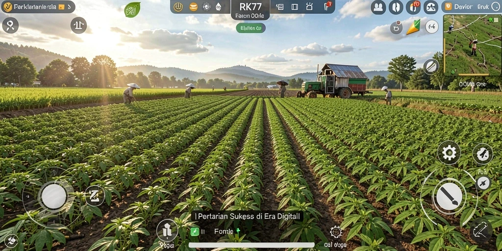 Gameplay RK77 menampilkan petani yang bekerja di ladang dengan tanaman hijau.