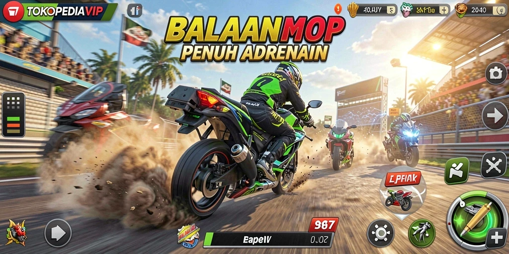 Screenshot gameplay TOKOPEDIAVIP dengan aksi balapan motor yang seru.